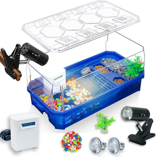 Aquatic Turtle Tank Habitat Kit Stone+Filter+Heat Lamp Enhancing Interaction with 360° Viewing, Standalone Filtration, DIY Creative Zone, Enriched Living (Blue, Medium[with Light])