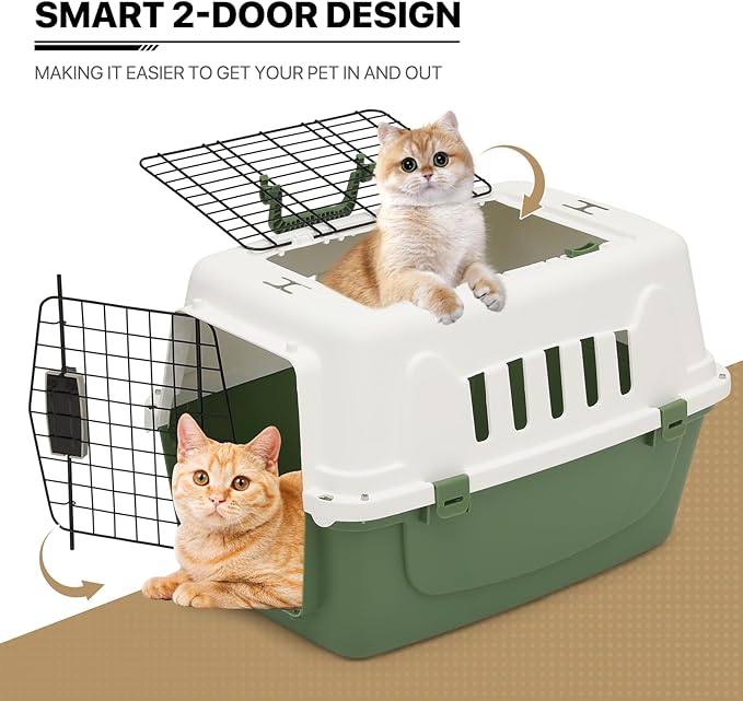 MoNiBloom 22-Inch Dog Crate Plastic 2-Door Top Loading Cat Carrier, Hard-Sided Dog Travel Carrier for Small Dogs and Cats, Ventilation and Security Lock Design for Pets up to 22 lbs (Green)