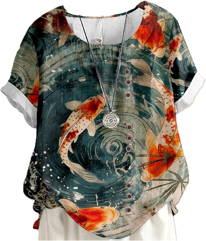 Japanese Print Women Summer Shirts Flower Bird Graphic Plus Size Tunic Tops Crewneck Short Sleeve Blouses