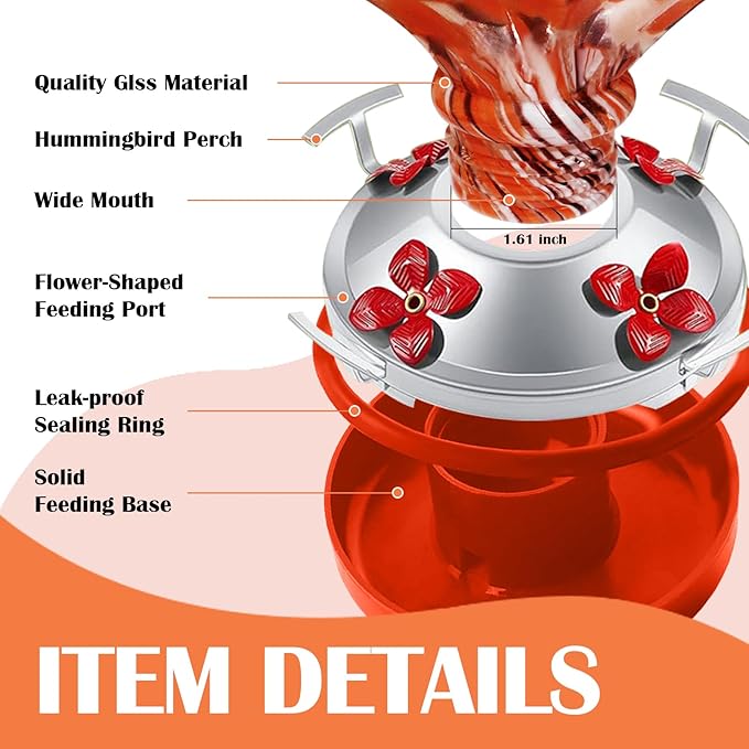 Hand Blown Glass Hummingbird Feeder with Ant Moat 25.4 OZ Large Capacity Hanging Bird Feeder for Backyard Garden Outdoors Decorations Hook Brush Rope Included (Red)