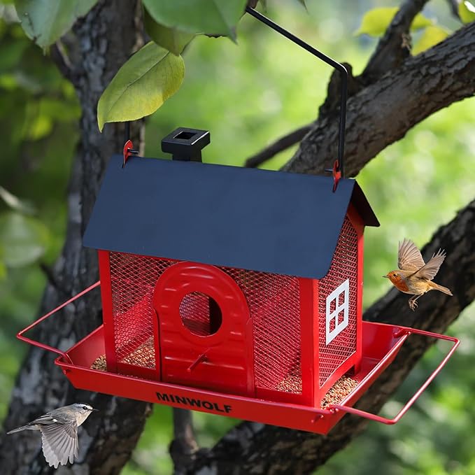 Bird Feeder House for Outdoors – Red Metal Hanging Bird Feeder, Decorative Bird House Feeder for Cardinals, Finches, and Wild Birds, Weatherproof Backyard Garden Decor