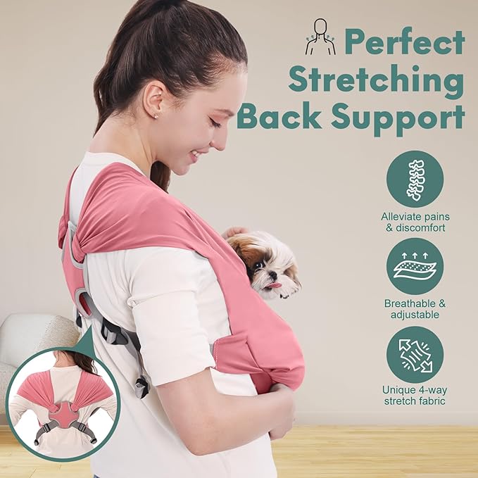 Supet Dog Sling Carrier for Small Pets, Hands Free Front Cat Sling, Reducing Back Neck Pain Anti-Anxiety, Adjustable Soft Carrying (Pink, Plus)