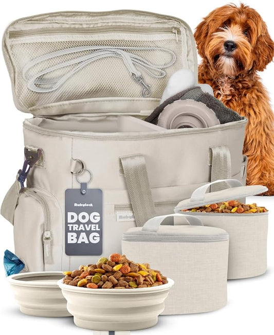 The Original Doggy Bag™- Dog Travel Bag for Supplies - Ultimate Gift for Dog Moms & Dads, Doggy Lovers & Pet Owners for Christmas- Includes 2 BPA-Free Travel Bowls and 2 Food Containers: Beige