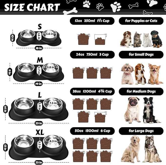 AsFrost Dog Food Bowls Stainless Steel Pet Bowls & Dog Water Bowls No Spill Non Skid, Feeding Bowls with Dog Bowls Silicone Mat for Small Medium Large Size Dogs, Cat Pet Dog Dishes Set, Black, 3 Cup