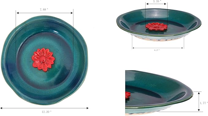DUSVALLY Bird Bath Ceramic Bowl Antique Decor for Outdoors, Bird Drinker Plate with Vintage Red Flower Ornament for Outside, Garden & Yard, 12"