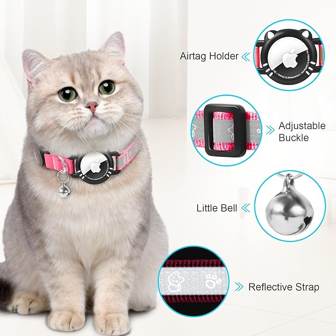 Airtag Cat Collar, Reflective Cat Collar with Apple Air Tag Holder, Breakaway GPS Tracker Pet Collar with Bell for Cat Kitten, Pink, S(9-11 Inch)
