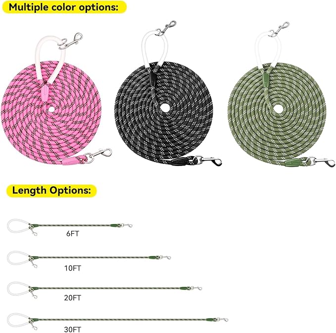 Nylon Dog Leash 6FT 10FT 20FT 30FT Diameter 2/5 Inch with Comfortable Silicone Handle Highly Reflective No Tangle for Medium Large Dogs Outside Walking Camping Backyard. (Pink, 6FT)