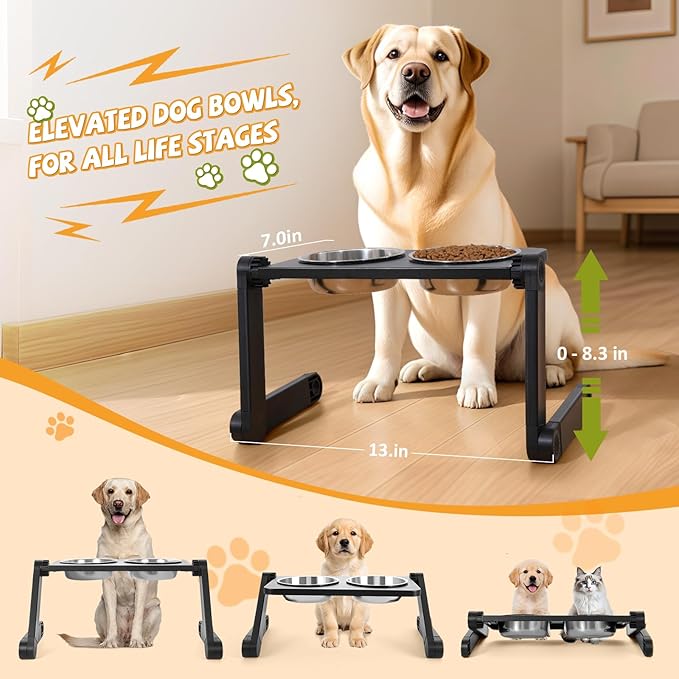 Elevated Dog Bowls, Adjustable Raised Dog Bowl Stand, Foldable Pet Bowls with Dual Stainless Steel Plates for Small to Medium Dogs and Cats,Pets -Black