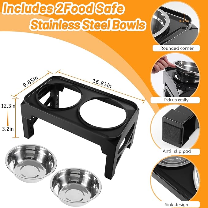 Hubulk Elevated Dog Bowls with 2 Stainless Steel Food & Water Raised Bowls with No Spill Edge Non-Slip Stand Adjusts to 5 Height(3.2", 8.77", 9.9",11.1", 12.3")for Small Medium Large Dog and Pet Black