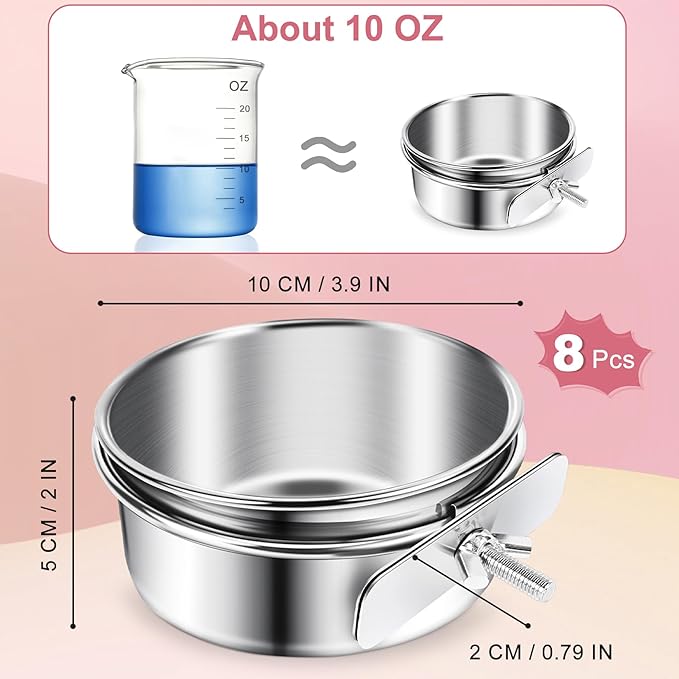 ToLanbbt 8 Pcs Stainless Steel Bird Food Bowls Bird Water Bowls with Clamp Holder, Parrot Feeding Dish Cups Parrot Cage Coop Feeders for Cockatiel Conure Budgie Parakeet Macaw Lovebird Small Animal, S