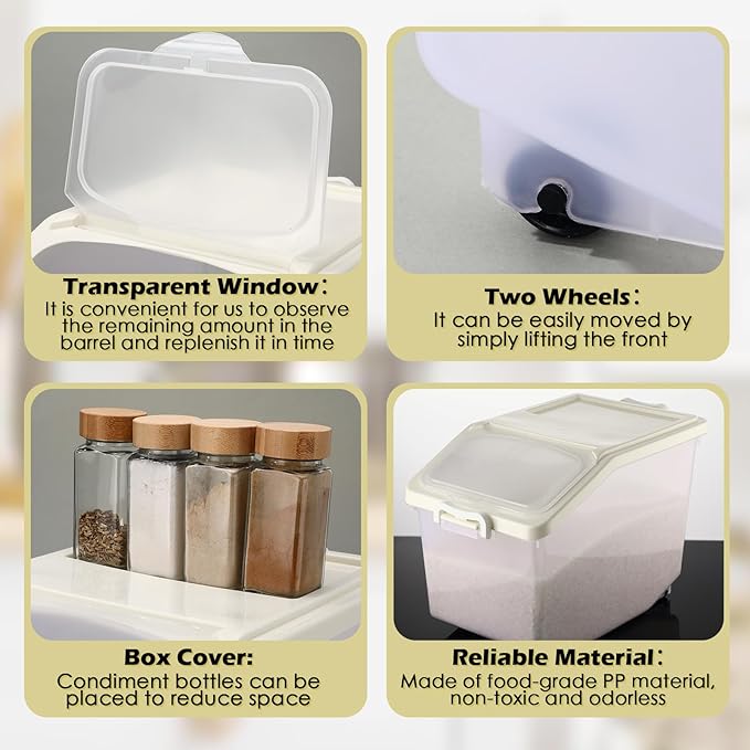 Sunnyray 4 Pcs Rice Storage Container 27.6 lb Airtight Flour Container with Wheels and Lids Measuring Cup Clear Pet Food Dog Birds Cat Food Bin Grain Cereal Organizer Box (Cream)