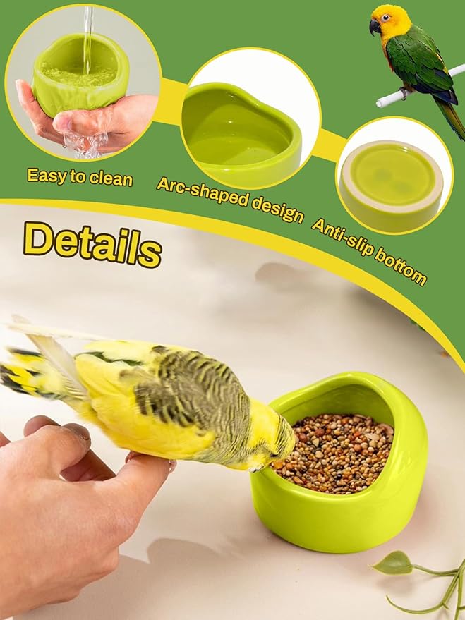 2 Pcs Ceramic Bird Food Bowls Parakeet Cage Water Bowl Birds Feeding Dish Parrot Water Feeder for Cage with 2 Plastic Feeding Clips for Parakeets Conure Cockatiels Lovebird Budgie (Green)