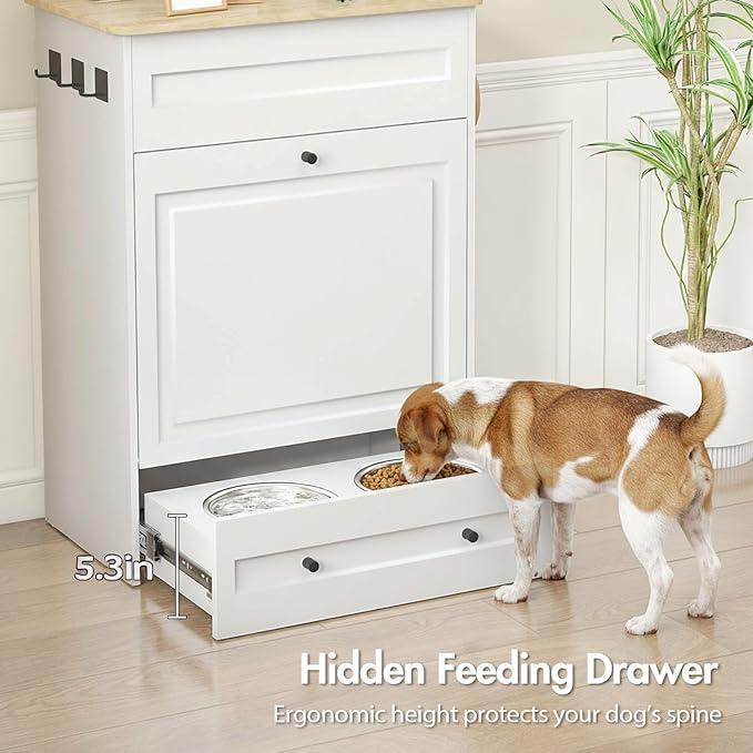 Dog Feeding Station with Storage Cabinet, Hidden Elevated Bowls for Medium & Large Dogs, Dog Food Cabinet Organizer with Hooks for Pet Supplies, Slow Feeder & Stainless Steel Bowls (White)