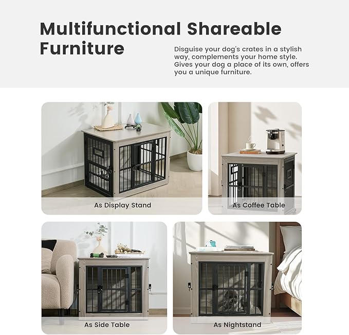 Gardner Pet Dog Crate Furniture for Medium Dogs, 38.8 Inch Dog Kennel Indoor, Wooden Dog Cage End Table with 2 Removable Bowls, Heavy Duty Dog Crate, Rustic Grey
