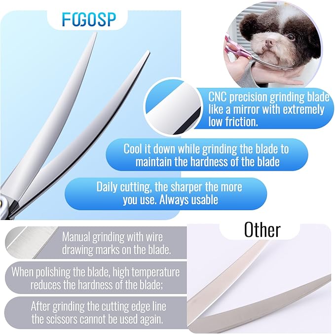 Professional Curved Dog Grooming Scissors with Sharper Self Grinding lightweight and finely trimmed split structure 6.5'' Japan VG10 63HRC for small dogs cat pet(Blue)