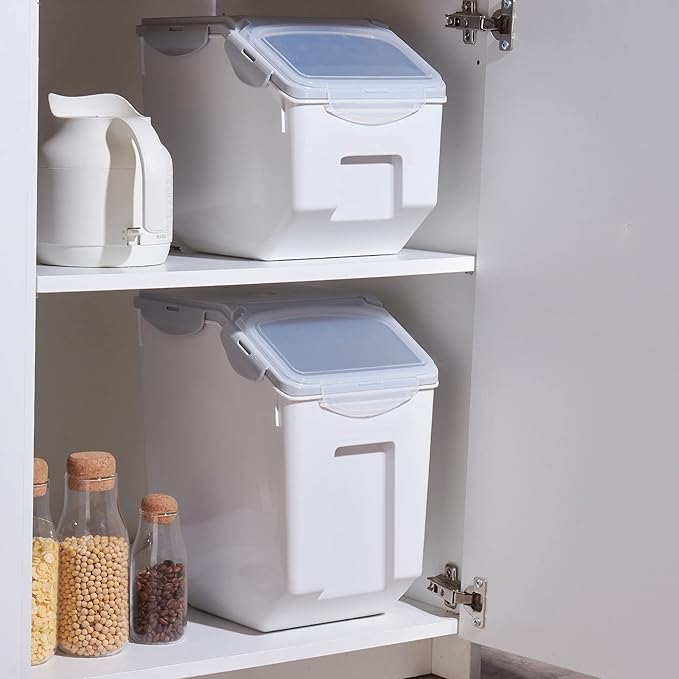 HANAMYA 15 Liter / 30 lbs Rice Storage Container with Measuring Cup, BPA free, For Rice | Grain | Pet Food | Flour, 2 count, White & Gray