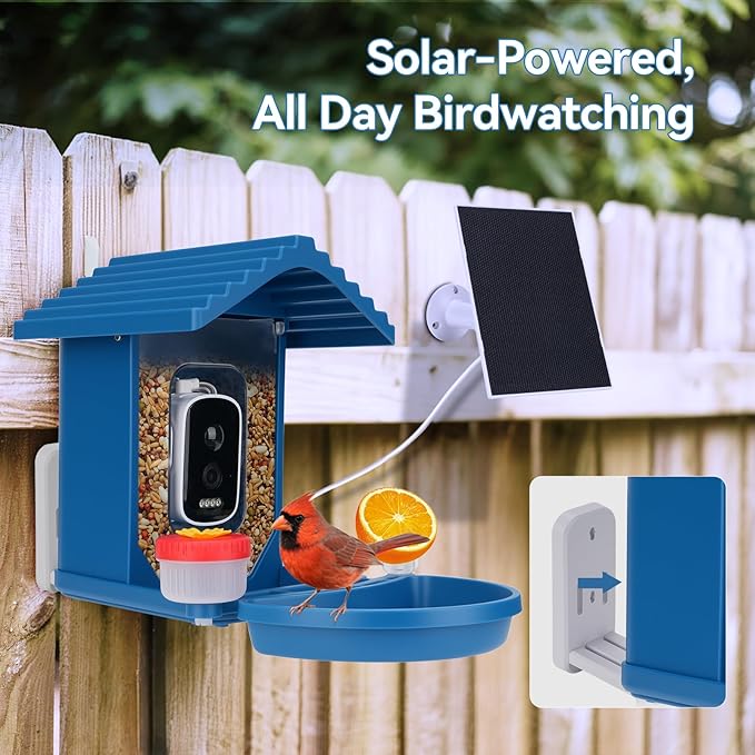 Bird Feeder with Camera Solar Powered,2.5K HD Video Bird House Live View,Smart AI Bird Species Identification for Outside Garden,Birds Bath,Ideal Gift for Birds Lover,Hummingbird (Blue)