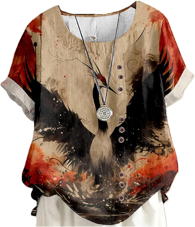 Japanese Print Women Summer Shirts Flower Bird Graphic Plus Size Tunic Tops Crewneck Short Sleeve Blouses