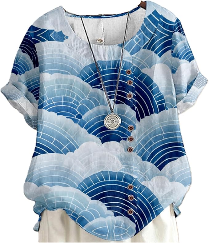 Japanese Print Women Summer Shirts Flower Bird Graphic Plus Size Tunic Tops Crewneck Short Sleeve Blouses