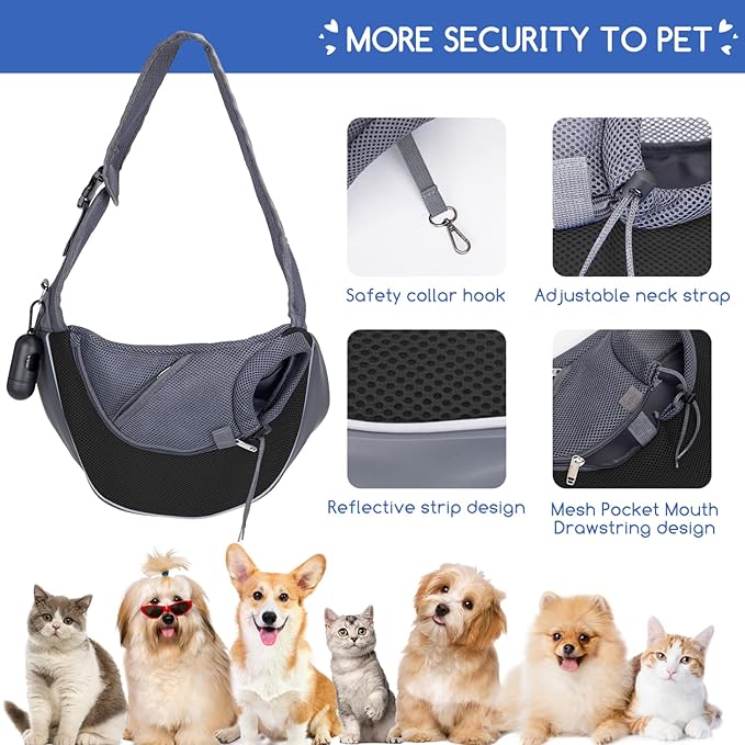 Nobleza Dog Sling Carrier, Mesh Adjustable Pet Sling Puppy Sling Carrier for Small Medium Dog Cat Rabbit (L (up to 10 lbs), Gray Black)
