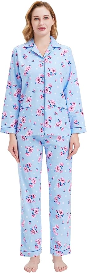 GLOBAL Flannel Pajamas for Women 2-Piece Comfy and Cozy Flannel Pj Set Cotton Loungwear