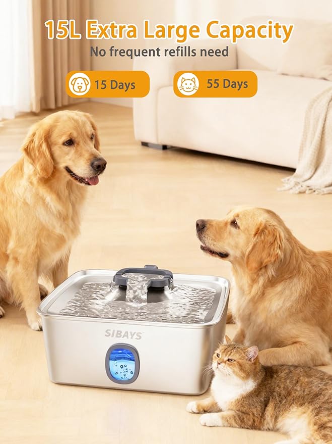 SIBAYS 4Gal/15L Large Dog Water Fountain, Stainless Steel Pet Fountain with Water Window & LED Light, Ultra Quiet Automatic Dog Water Bowl Dispenser for Large Dogs & Multi-pet, Easy to Clean FS76