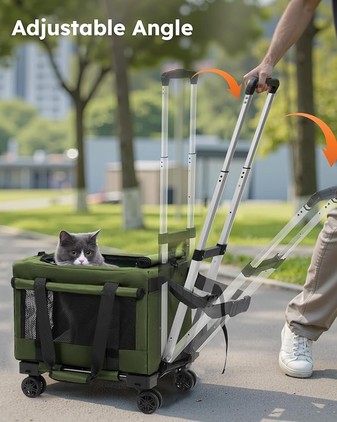 Pecute Cat Carrier with Wheels,Steel Wire Frame Cat Carrier, Stable Pet Trolley for Cats, Pet Handbag and Stroller Bag, Portable Cat Bag for Travel Bus Subway, Green