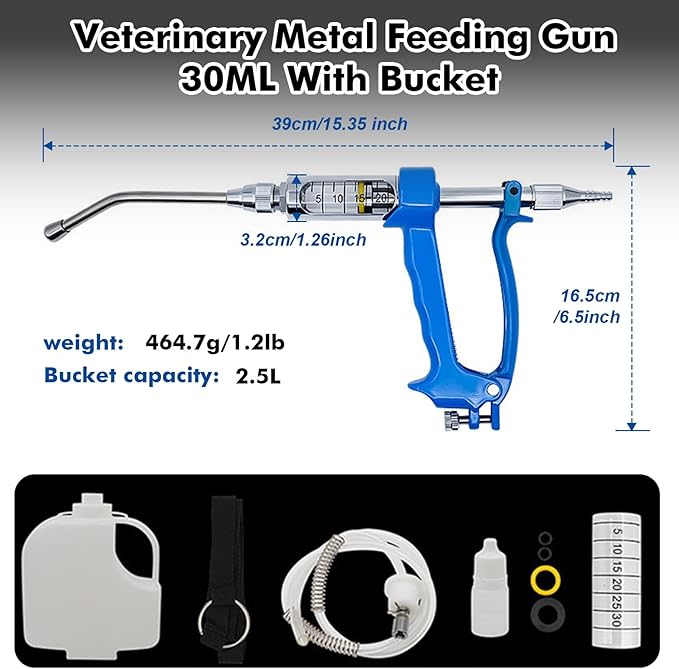 30ML Veterinary Metal Drench Gun, Feeding Gun with 2.5L Portable Tank, Adjustable Continuous Dosing Tool for Livestock, Safe Oral Dispenser for Sheep, Horses, Pigs, Cattle