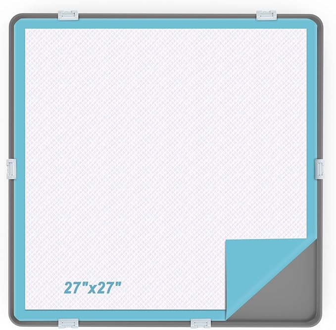 Pee Pad Tray Holder for Dog,Silicone Dog Puppy Pad Holder, 27" x 27" No Spill Raised Lip High Edge,Portable Large Leak-Proof Mat Holder for Pet Training Pads,Square Potty Trays 6 Complimentary Clamps