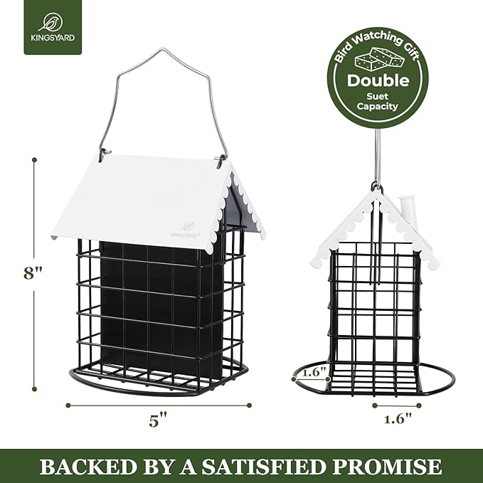 Kingsyard Double Suet Bird Feeder with Weatherproof Roof & Perch, All Metal, Suet Cakes Cage Bird Feeder for Outdoors Hanging, Easy to Clean & Refill, White