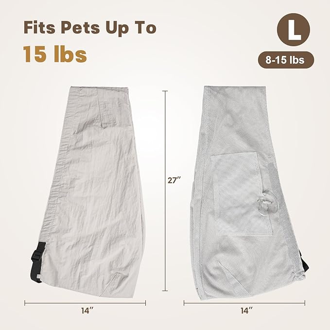 Dog Carrier Sling for Small Dogs Cats – Hands Free Pet Sling Carrier with Mesh Lining Pocket & Safety Hook, Adjustable Cat Dog Front Carrier for Travel, Daily Walk, Outdoor,Grey L