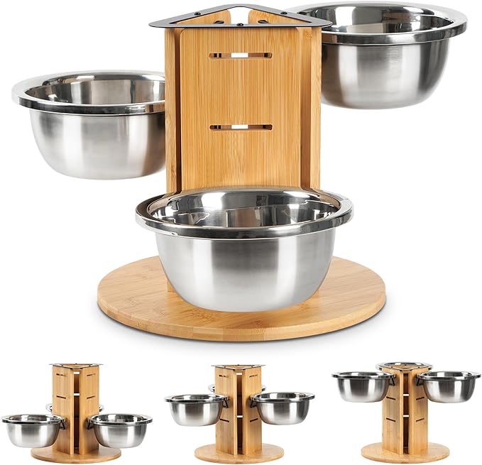 Elevated Dog Bowls, Natural Bamboo Raised Dog Bowl Stand for Medium to Large Sized Dogs 3 Adjustable Height Stand with 3 Thick 48oz Stainless Steel Bowls Non-Slip Base Pet Food Feeder