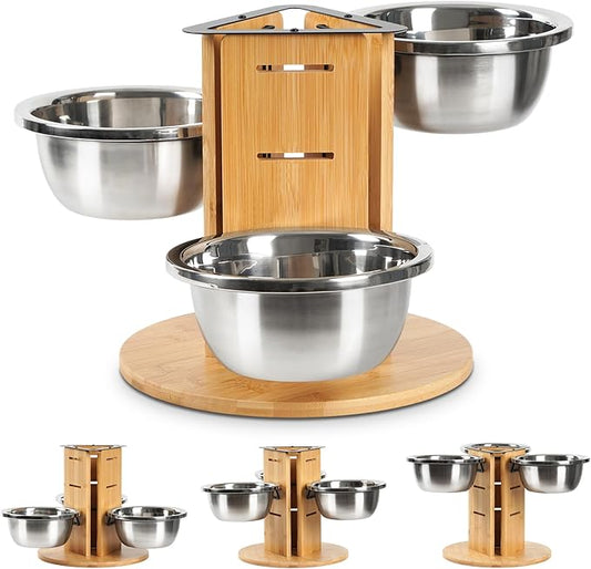 Elevated Dog Bowls, Natural Bamboo Raised Dog Bowl Stand for Medium to Large Sized Dogs 3 Adjustable Height Stand with 3 Thick 48oz Stainless Steel Bowls Non-Slip Base Pet Food Feeder