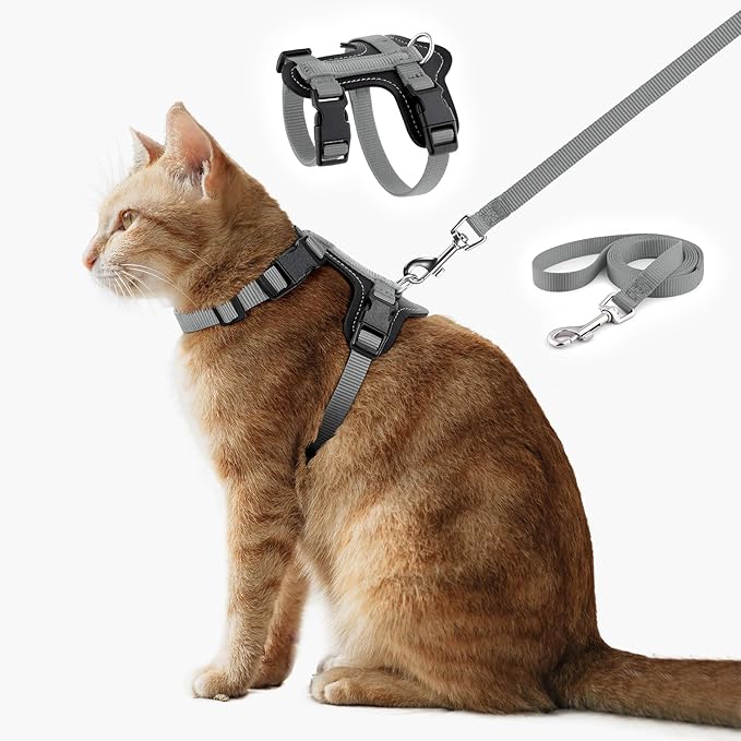 Plutus Pet Adjustable Cat Harness and Leash Set, Quick Release, Escape Proof Nylon Vest with Leather Trim for Kitten, Small Medium Large Cats, Gray
