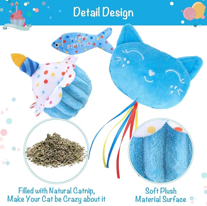 BINGPET Cat Birthday Catnip Toys for Indoor Cats,Cat Birthday Hat,Bandana and Cat Birthday Cake Interactive Plush Kitten Chew Toys,Cute Fish,Balloon Toys with Crinkle Paper and Catnip Inside(Sky Blue)