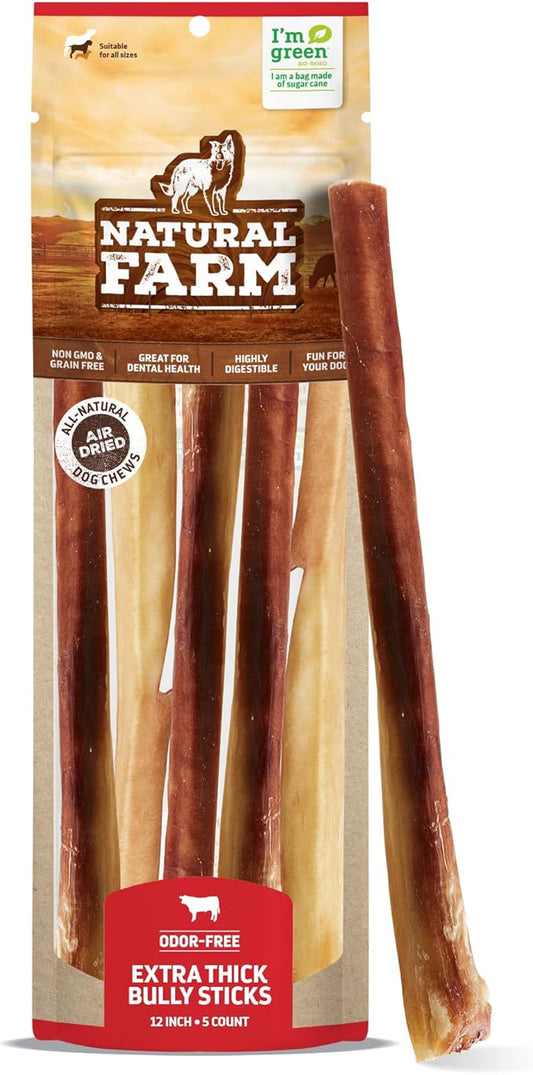 Natural Farm Odor-Free Thick Bully Sticks (12”, 5-Pack) All-Natural Long-Lasting Dog Chews, 100% Beef Pizzle, Grass-Fed, Grain-Free, Protein for Muscle Development & Energy, Perfect for Large Dogs