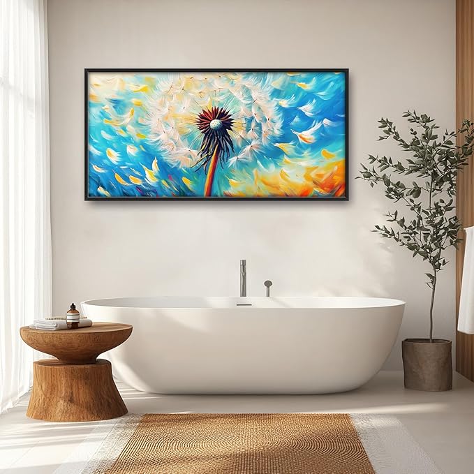 Extra Large Abstract Dandelion Framed Wall Art for Living Room,Oversized Colorful Dandelion Flower Pictures Wall Decor,Blue Canvas Print Painting Modern Artwork Bedroom Office Bathroom 60L" x 30W"