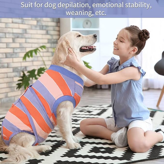 Kuoser Dog Surgery Recovery Suit for Female Male Dogs, Stripes Spay Neuter Anti-Licking Dog Onesie, Abdominal Wounds Surgical Suit Snugly Pet Collar Alternative Post Surgery Vest Bodysuit, Orange XL