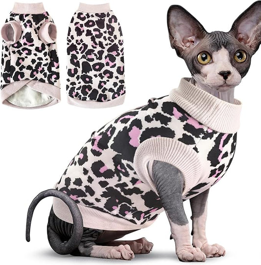 Idepet Cat Clothes Kitten Sweater Soft Kitten Shirt Cute Leopard Print Kitty Vest Pullover Pajamas Jumpsuit Cotton Apparel for Hairless Cats & Puppy (Pink,L)