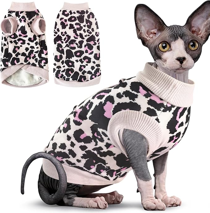 Idepet Cat Clothes Kitten Sweater Soft Kitten Shirt Cute Leopard Print Kitty Vest Pullover Pajamas Jumpsuit Cotton Apparel for Hairless Cats & Puppy (Pink,M)