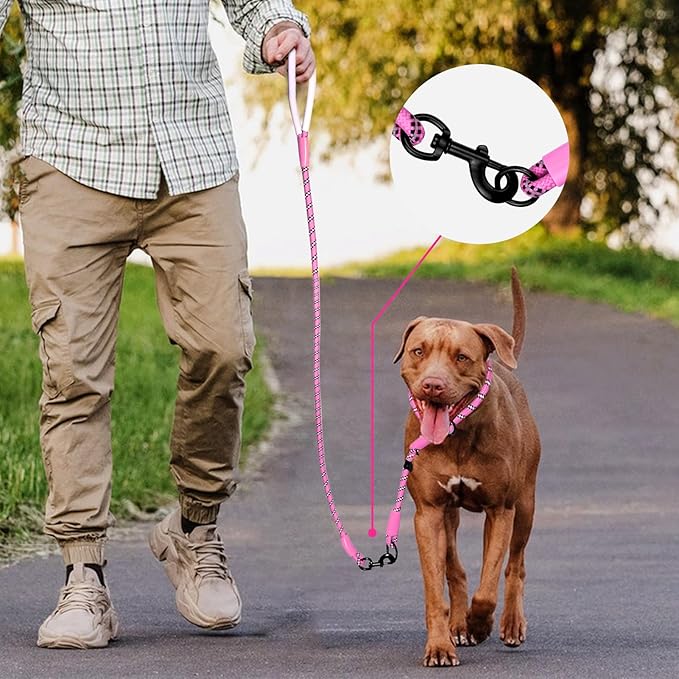 Detachable 2/5" Slip Lead, 4FT 6FT 8FT with Comfortable Silicone Handle Strong Rope for Large Medium Small Dogs No Pull Highly Reflective Pet Training (Pink-Black, 6FT)