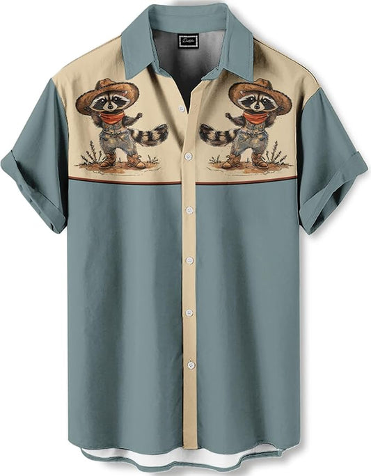 Men’s Hawaiian Shirt Western Cowboy Symmetrical Print Short Sleeve Button Down Casual Beach Holiday Summer Shirt