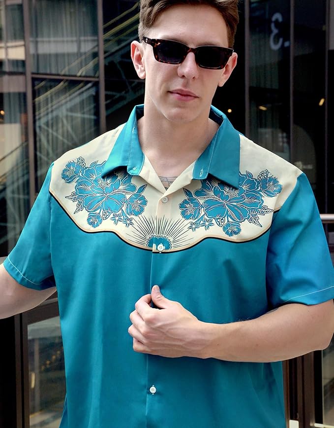 Men’s Hawaiian Shirt Western Cowboy Symmetrical Print Short Sleeve Button Down Casual Beach Holiday Summer Shirt