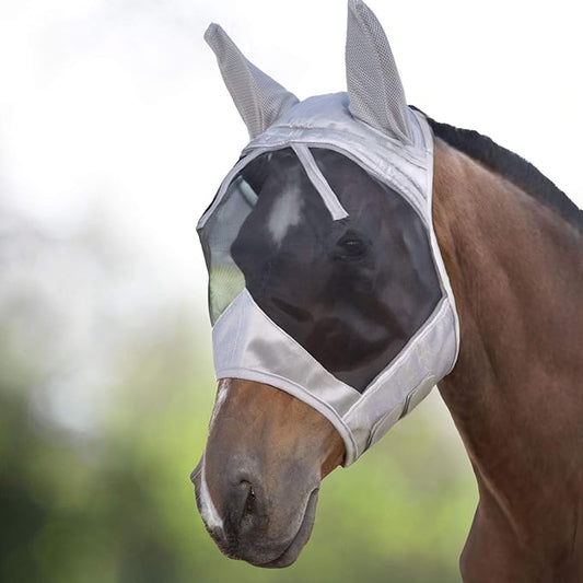 Harrison Howard CareMaster Horse Fly Mask Half Face with Ears Silver/Black Retro Medium Cob