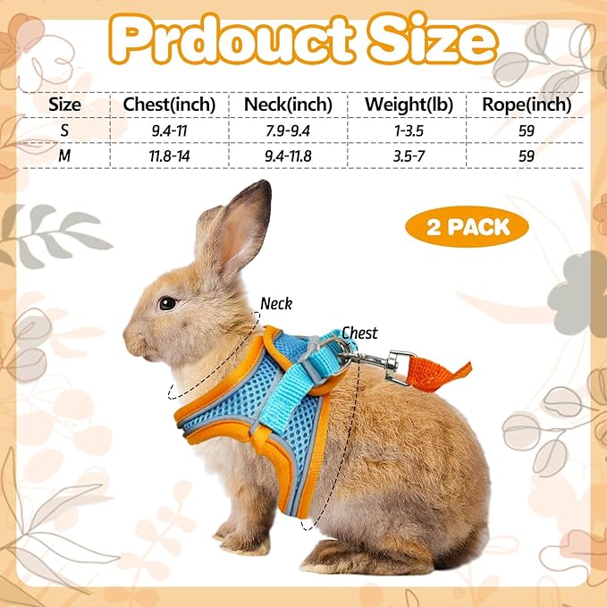 PINVNBY 2 Pack Bunny Hsrness and Leash Set Adjustable Rabbit Harness with Reflective Strips Double Buckle Pet Vest Eescape Proof for Small Rabbit Kitten Puppy Walks Accessories (Orange Blue, S)