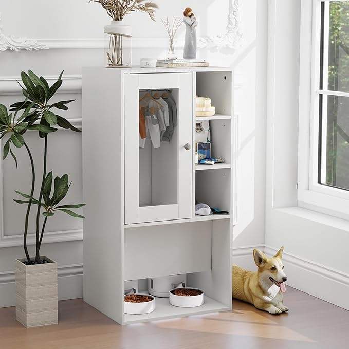 YU YUSING Dog Feeding Station for Automatic Feeder, Dog & Cat Food Storage Cabinet with Hanging Rods, Adjustable Panel, Hidden Automatic Pet Feeder Station for Food and Pet Supplies