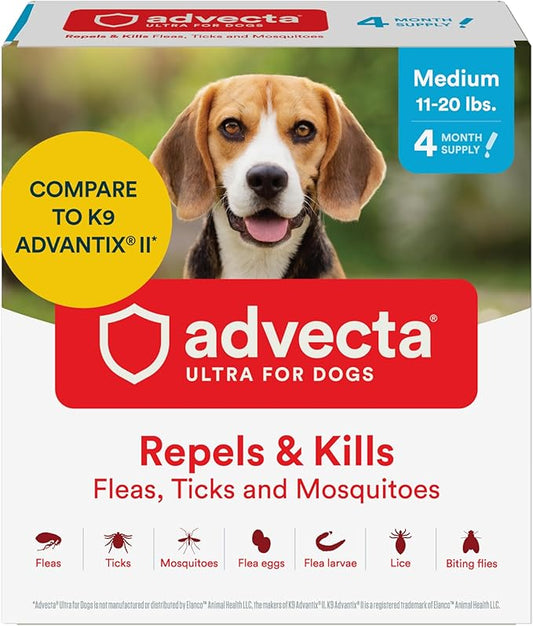 Ultra Flea And Tick Prevention For Dogs - Dog and Puppy Treatment and Control - Mosquito Repellent - Medium, Fast Acting Waterproof Topical Drops, 4 Month Supply