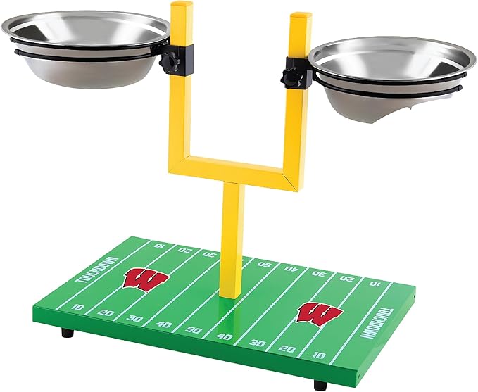 NCAA Wisconsin Badgers Goalpost Football Field Dog Feeder – Adjustable Elevated Dog Bowls with Stand, 2 Stainless Steel Bowls, Non-Slip Rubber Feet, Raised Pet Feeder for Large & Small Dogs