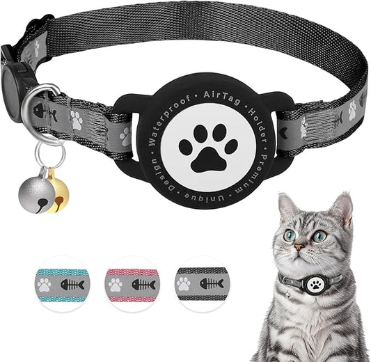 Waterproof Airtag Cat Collar, Reflective Cat Airtag Collar with Bell, Breakaway Cat collar AirTag Holder, Lightweight Kitten Collar for Apple Air tag, Cat GPS Collars for Girl Boy Cats, Kitten (Black)