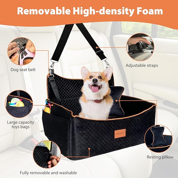 Dog Car Seat for Medium Dogs or 2 Small Dogs, Memory Foam Booster with Bonus Pillow & Removable Washable Cover, 2 Safety Leashes, Anti-Slip Base - Supports 50lbs (Black)